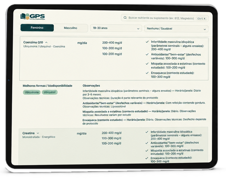 Tablet exibindo a ficha de Coenzima Q10 do GPS: doses, indicações clínicas e melhores formas